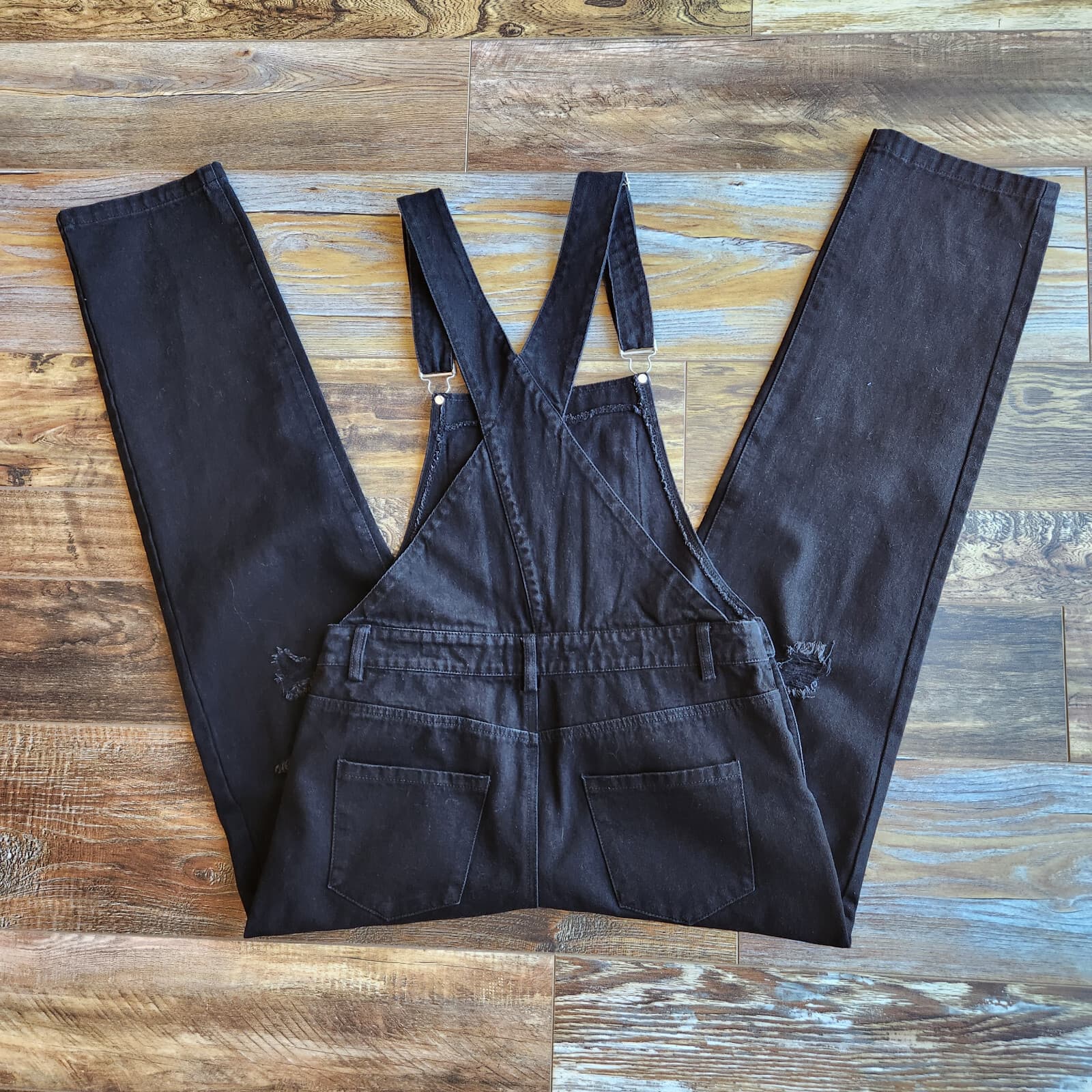 12th Tribe Runaway Girl Distressed Denim Overalls Black Cotton Blend Women's M - Thumbnail 10