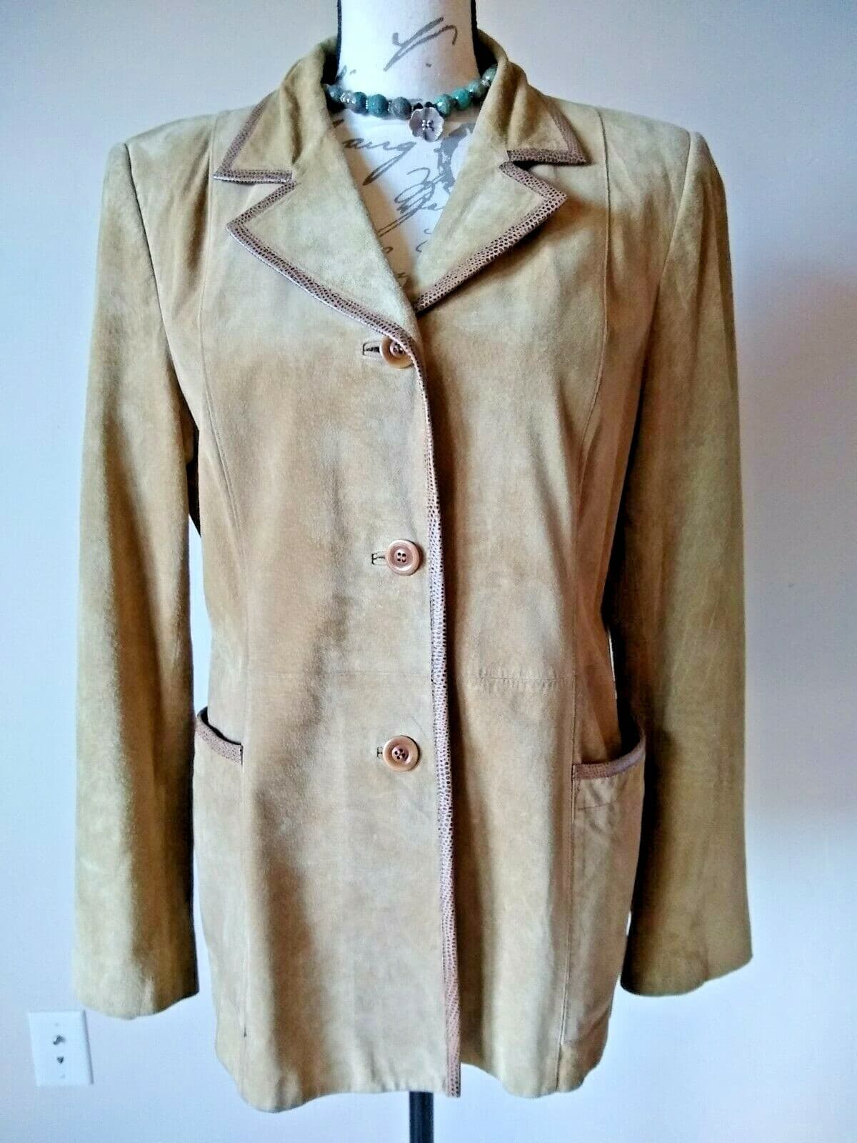 CLASSIQUES ENTIER Genuine Suede Leather Jacket Button Lined Khaki Sz.L - Thumbnail 2
