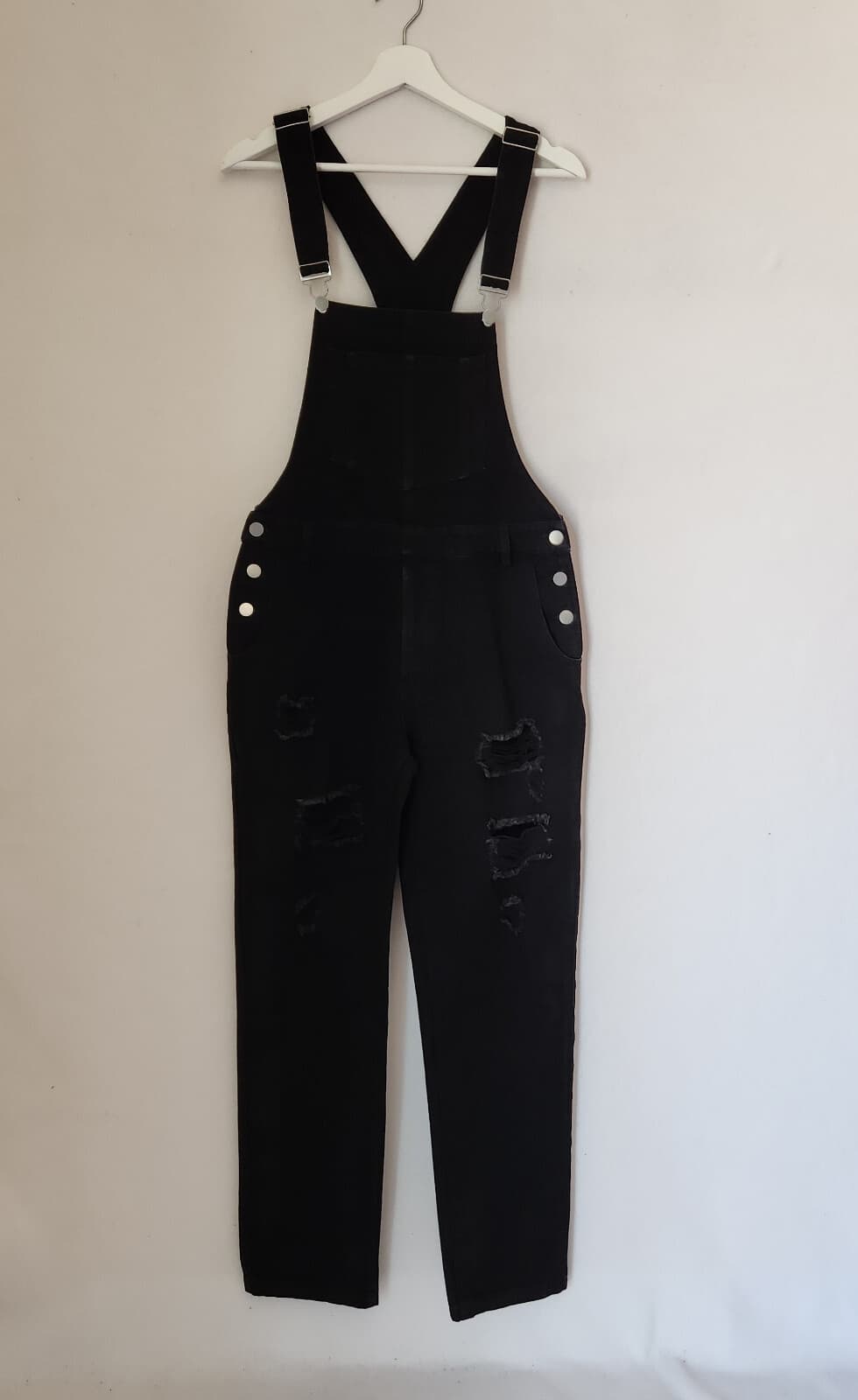12th Tribe Runaway Girl Distressed Denim Overalls Black Cotton Blend Women's M - Thumbnail 2