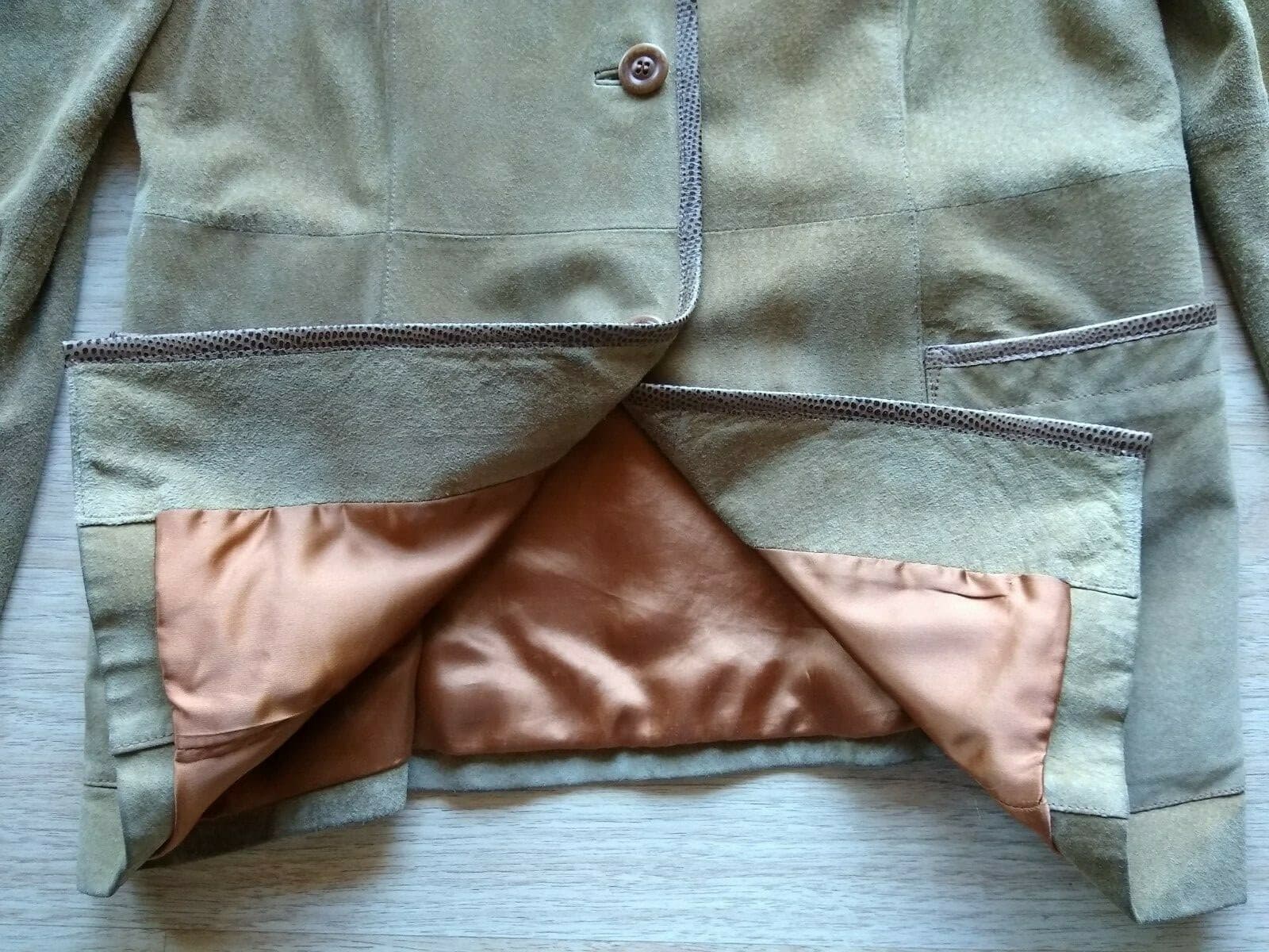 CLASSIQUES ENTIER Genuine Suede Leather Jacket Button Lined Khaki Sz.L - Thumbnail 8