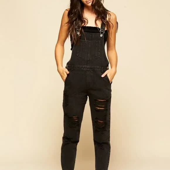 12th Tribe Runaway Girl Distressed Denim Overalls Black Cotton Blend Women's M - Thumbnail 3