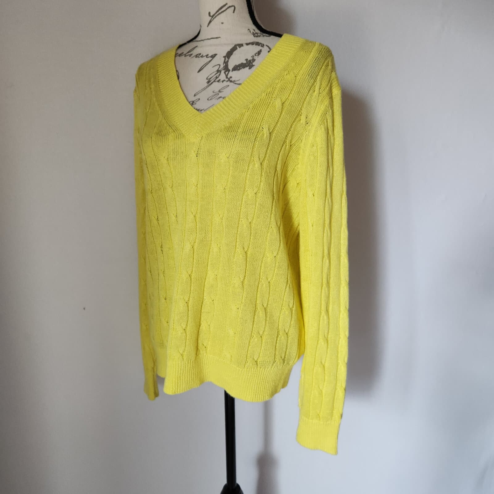 Brooks Brothers Italian Linen Cable Knit Jumper Sweater V-Neck Yellow Women's L - Thumbnail 3