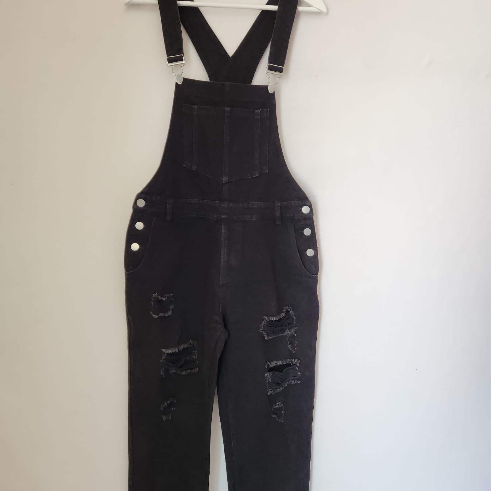 12th Tribe Runaway Girl Distressed Denim Overalls Black Cotton Blend Women's M - Thumbnail 4