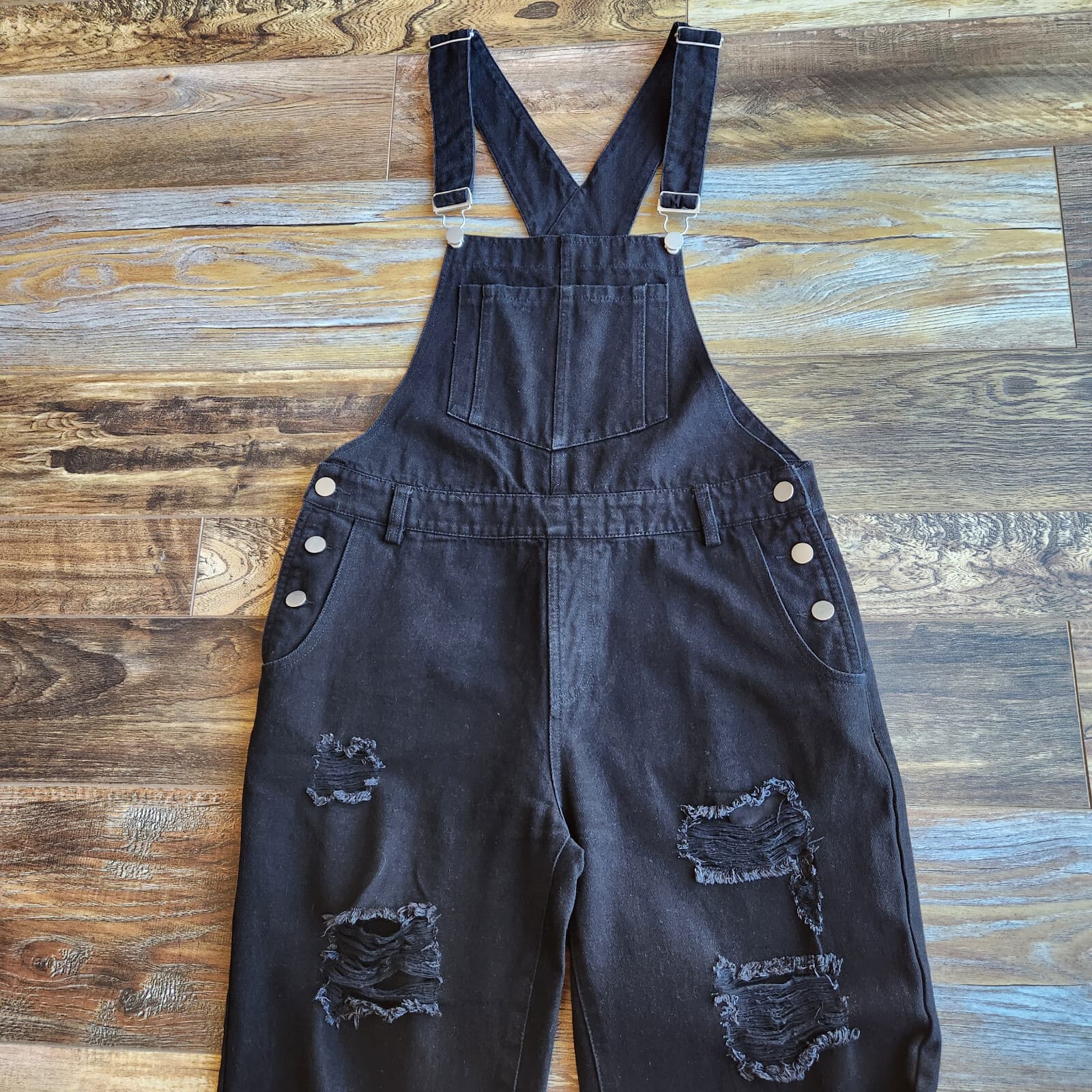 12th Tribe Runaway Girl Distressed Denim Overalls Black Cotton Blend Women's M - Thumbnail 6