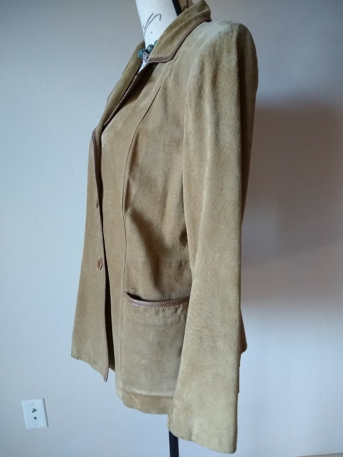 CLASSIQUES ENTIER Genuine Suede Leather Jacket Button Lined Khaki Sz.L - Thumbnail 6