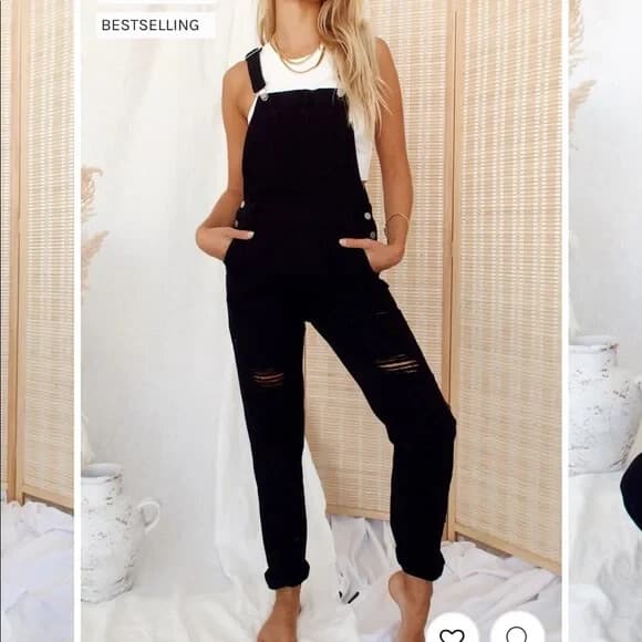 12th Tribe Runaway Girl Distressed Denim Overalls Black Cotton Blend Women's M - Thumbnail 5