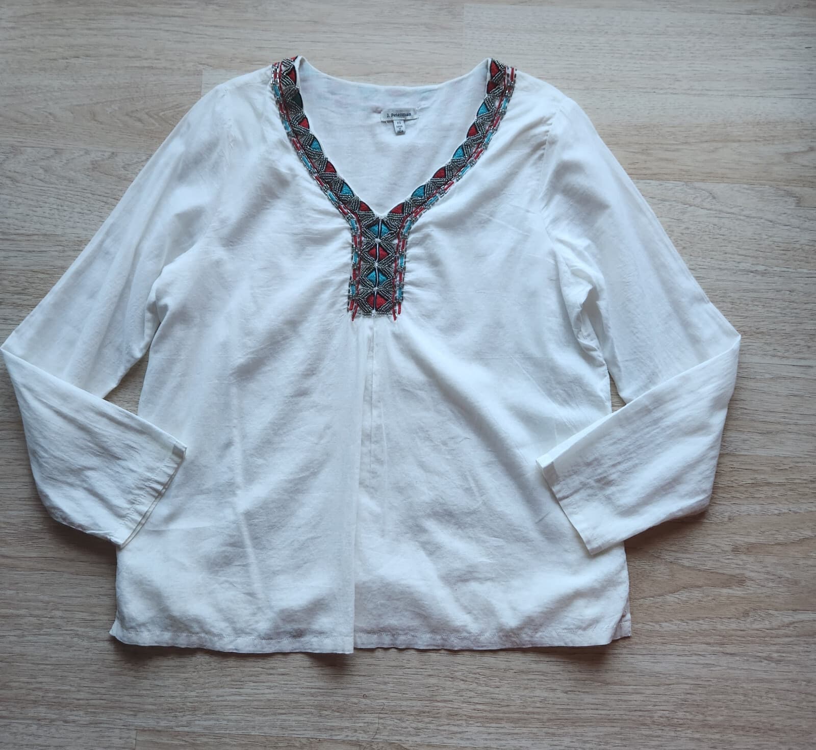 J.Peterman Bead Embellish Tunic Popover Top Long Sleeve Lined Cotton White Sz.XS - Thumbnail 6