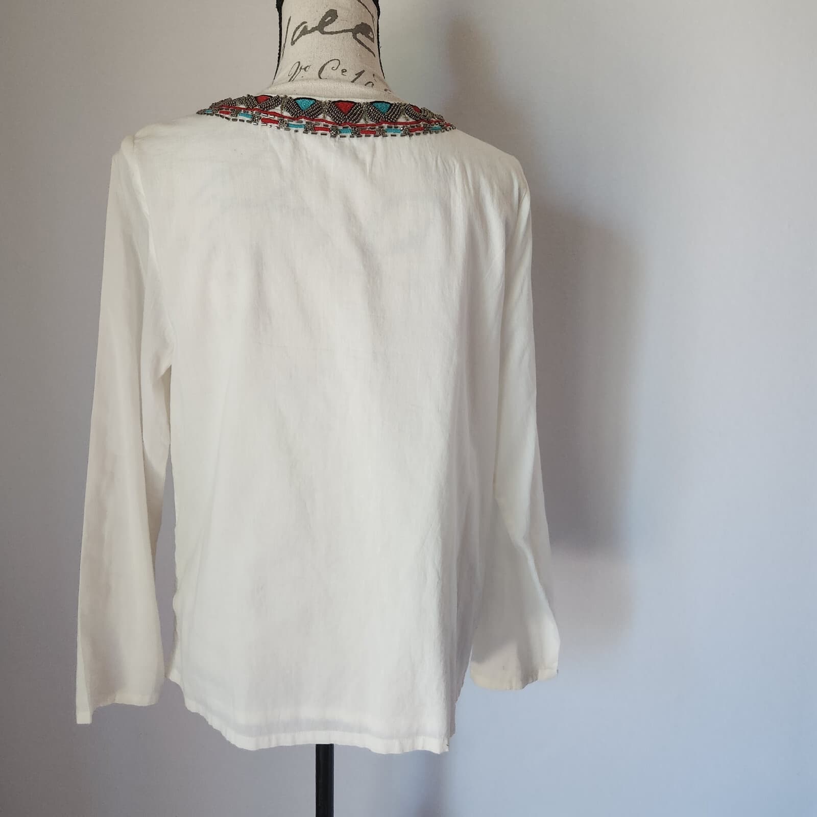 J.Peterman Bead Embellish Tunic Popover Top Long Sleeve Lined Cotton White Sz.XS - Thumbnail 5