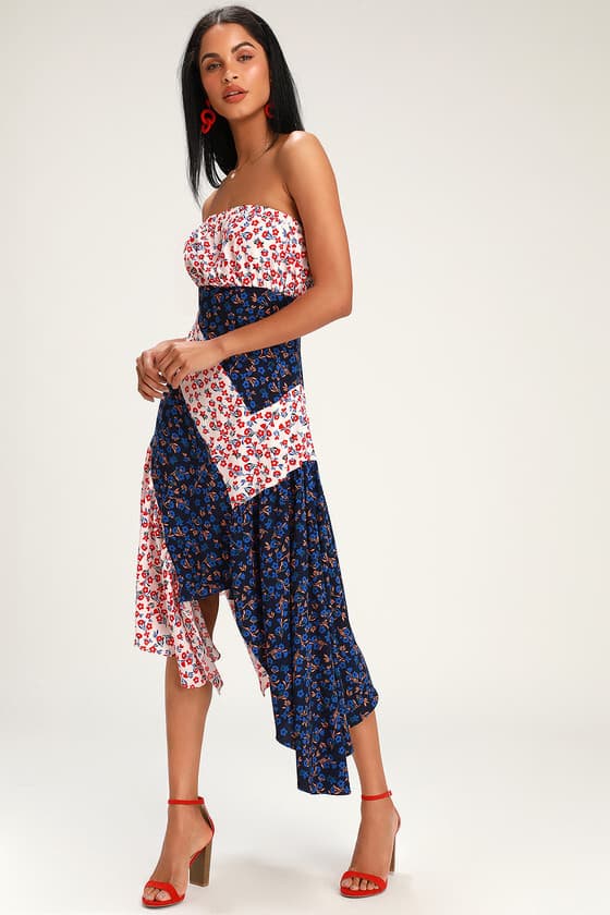 NWT Lulus Golden Hour Blush Floral Print Strapless Midi Dress Asymmetrical Hem M - Thumbnail 3