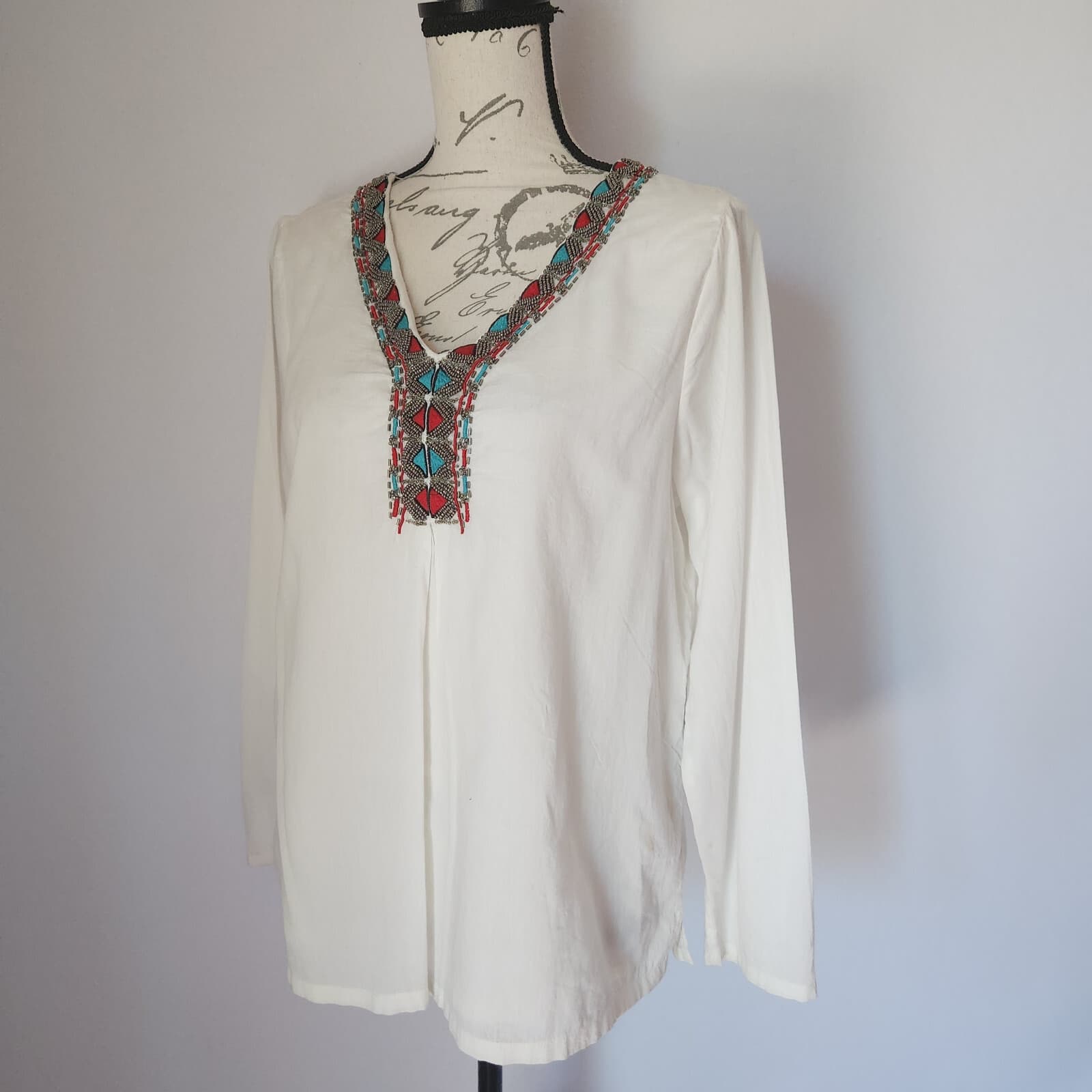 J.Peterman Bead Embellish Tunic Popover Top Long Sleeve Lined Cotton White Sz.XS - Thumbnail 4