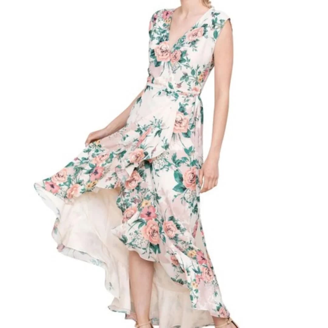 YUMI KIM Venezia Floral Chiffon Maxi Wrap Dress Ruffle Sleeveless Lined Beige S - Thumbnail 2