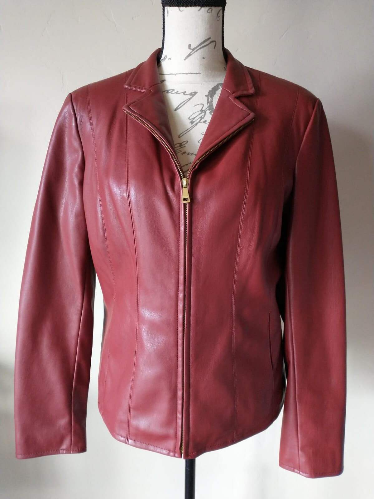COLE HAAN Signature Women Faux Leather Jacket Zip Lined Button Pocket Red Sz.L - Thumbnail 3