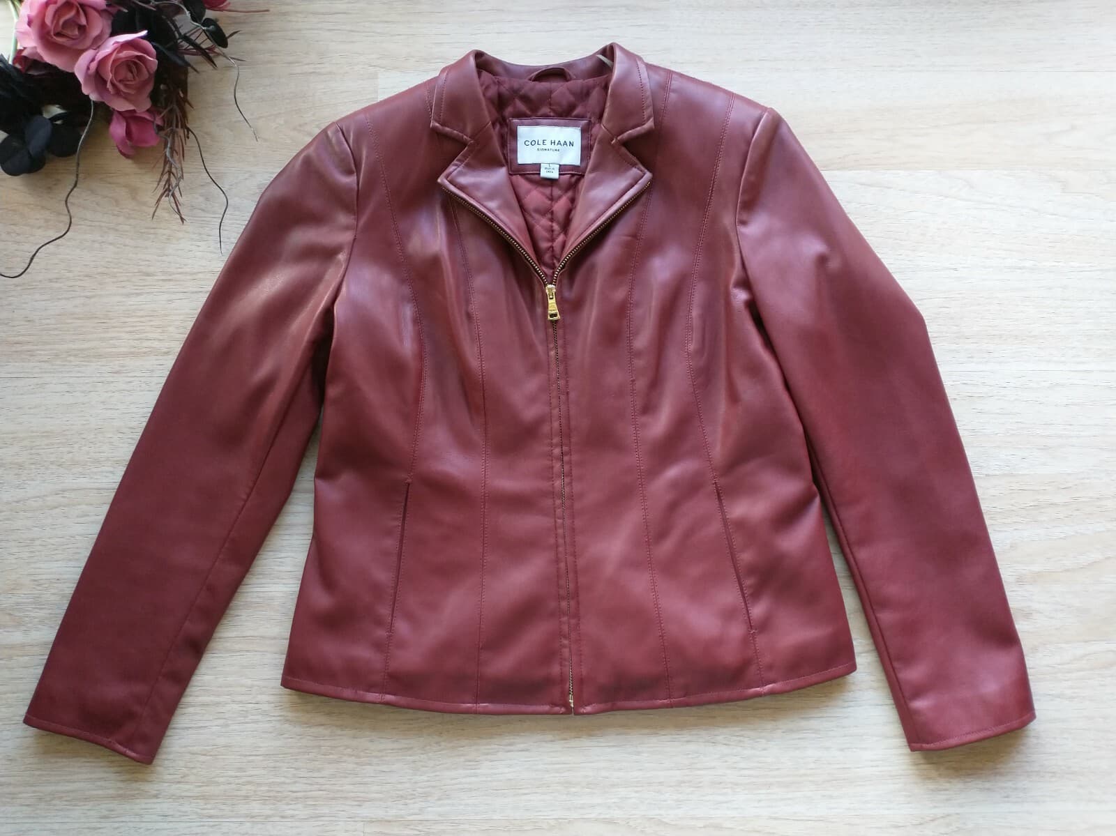COLE HAAN Signature Women Faux Leather Jacket Zip Lined Button Pocket Red Sz.L - Thumbnail 2