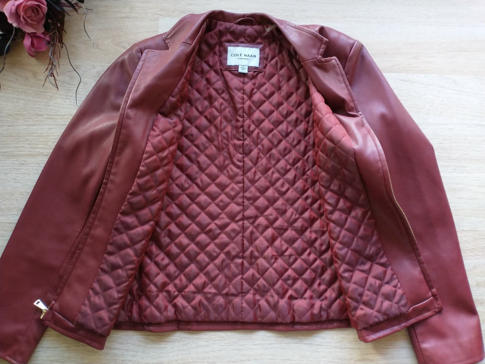 COLE HAAN Signature Women Faux Leather Jacket Zip Lined Button Pocket Red Sz.L - Thumbnail 9