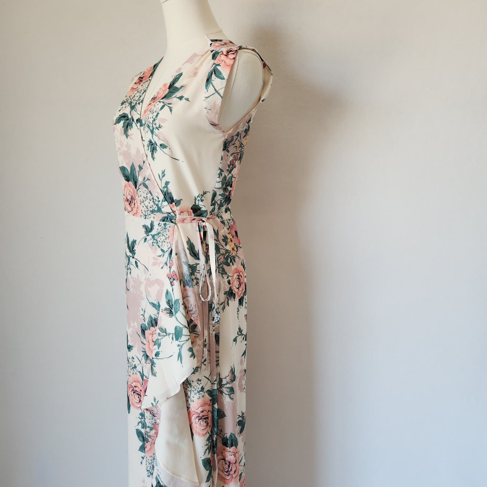 YUMI KIM Venezia Floral Chiffon Maxi Wrap Dress Ruffle Sleeveless Lined Beige S - Thumbnail 5