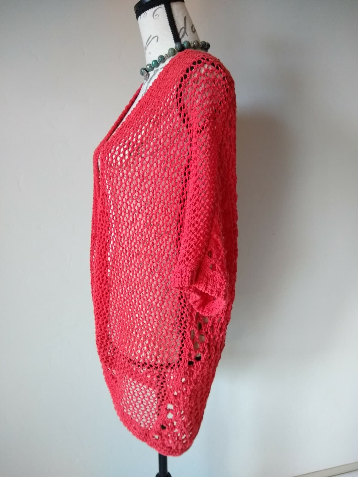 Chico's Cotton Blend Chunky Knit Open Front Cardigan Top Short Sleeve Red Sz.2 - Thumbnail 3