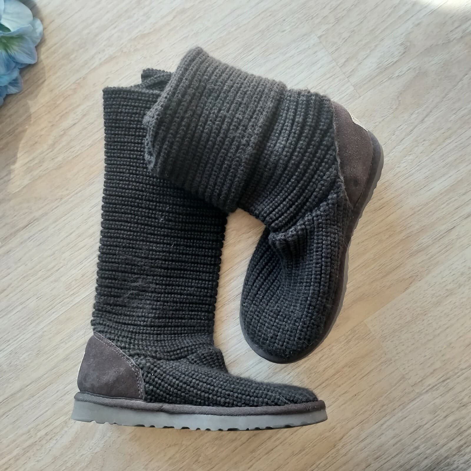 UGG Australia Classic Cardy Knit Tall Boots Sheepskin Lining Brown Women US5 - Thumbnail 4