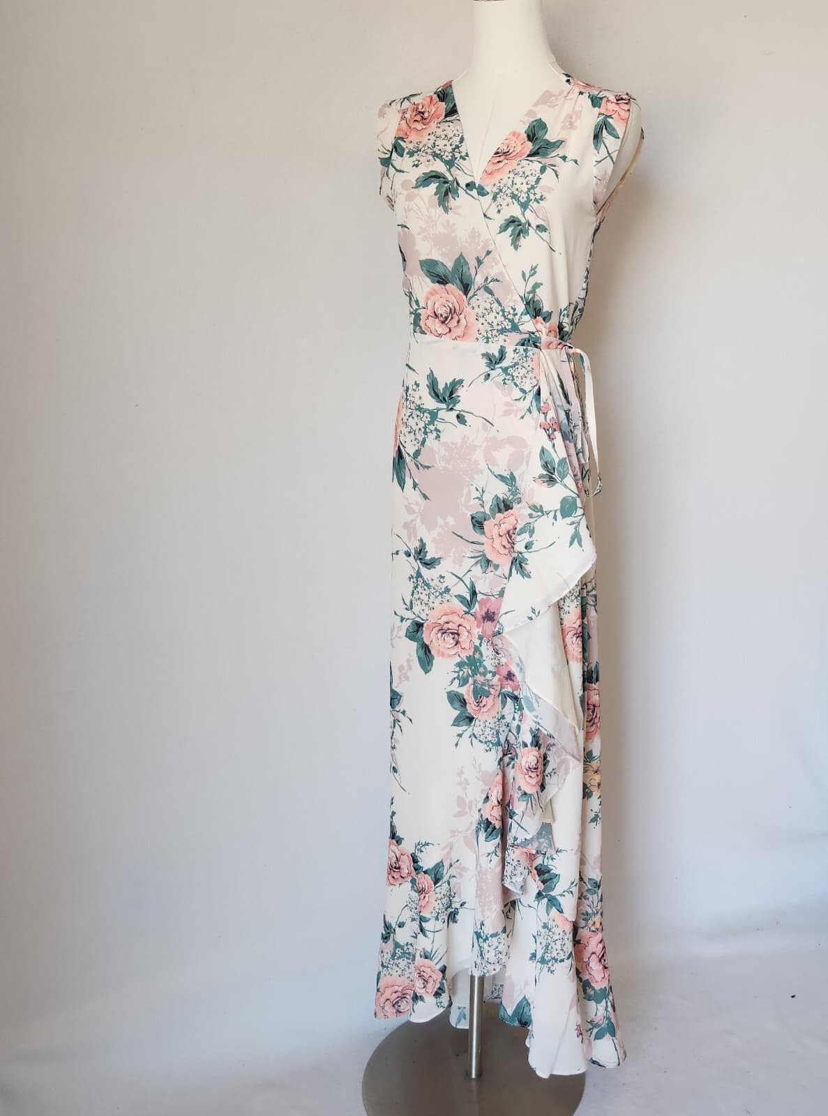 YUMI KIM Venezia Floral Chiffon Maxi Wrap Dress Ruffle Sleeveless Lined Beige S - Thumbnail 4