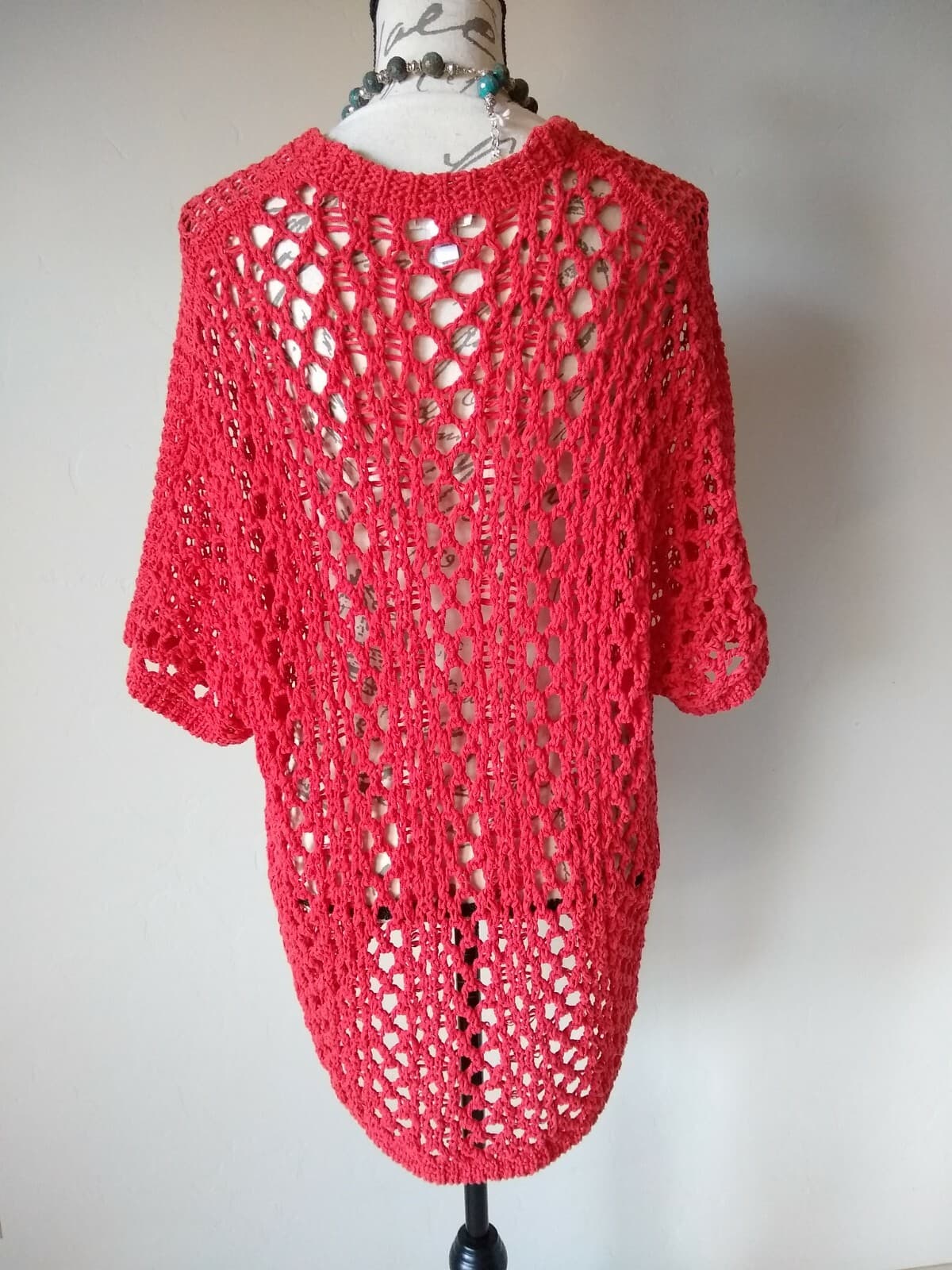 Chico's Cotton Blend Chunky Knit Open Front Cardigan Top Short Sleeve Red Sz.2 - Thumbnail 4