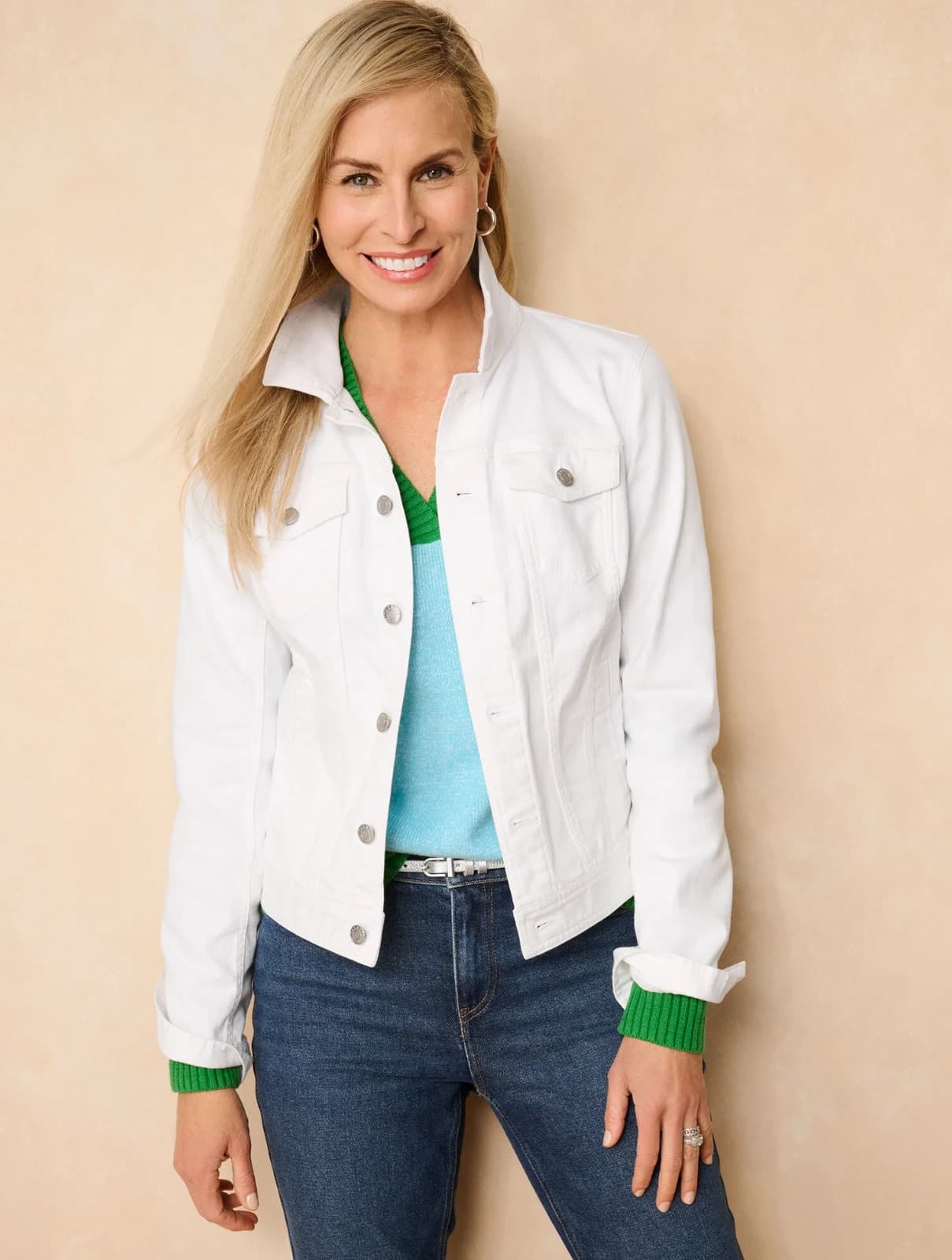 NWoT Talbots Classic Denim Trucker Jacket Metal Button Cotton Blend White Size M - Thumbnail 4