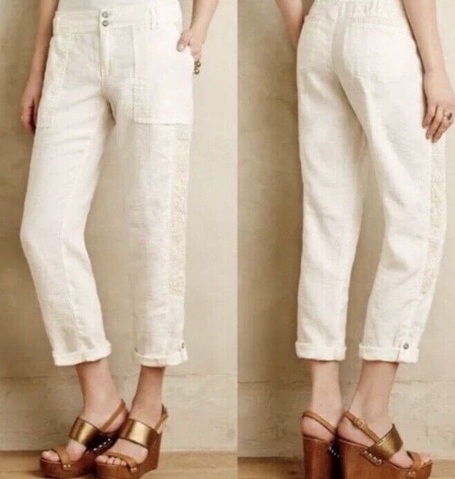 Hei Hei Anthropologie Marlena Linen Lace-Trim Pants Roll-Up Pocket Ivory Sz.30 - Thumbnail 2