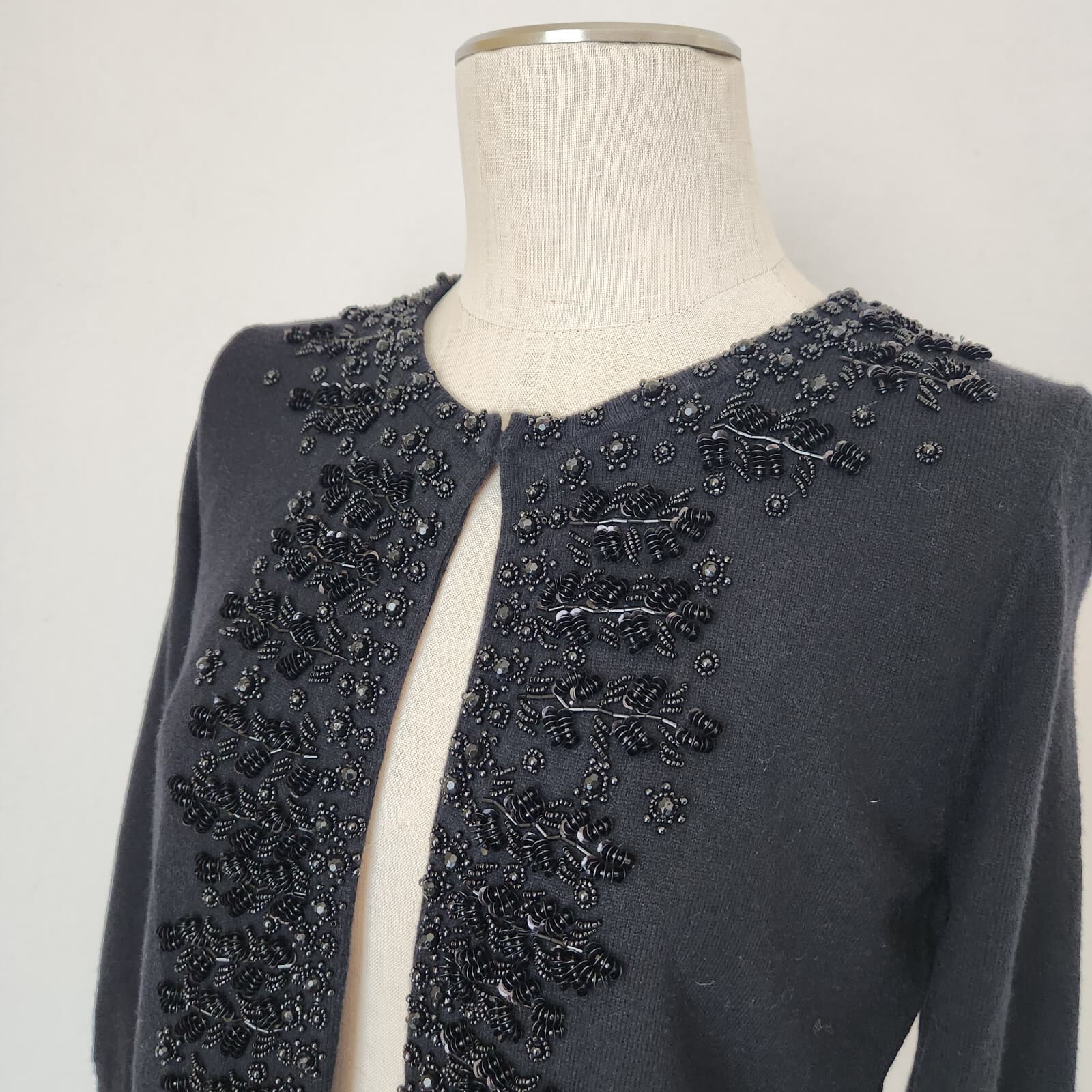 NWT Talbots $149 Wool Blend Nightout Beaded Cardigan 3/4 Sleeve Black Petites-M - Thumbnail 3