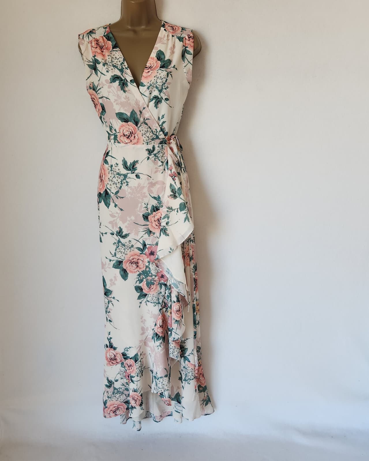 YUMI KIM Venezia Floral Chiffon Maxi Wrap Dress Ruffle Sleeveless Lined Beige S - Thumbnail 8