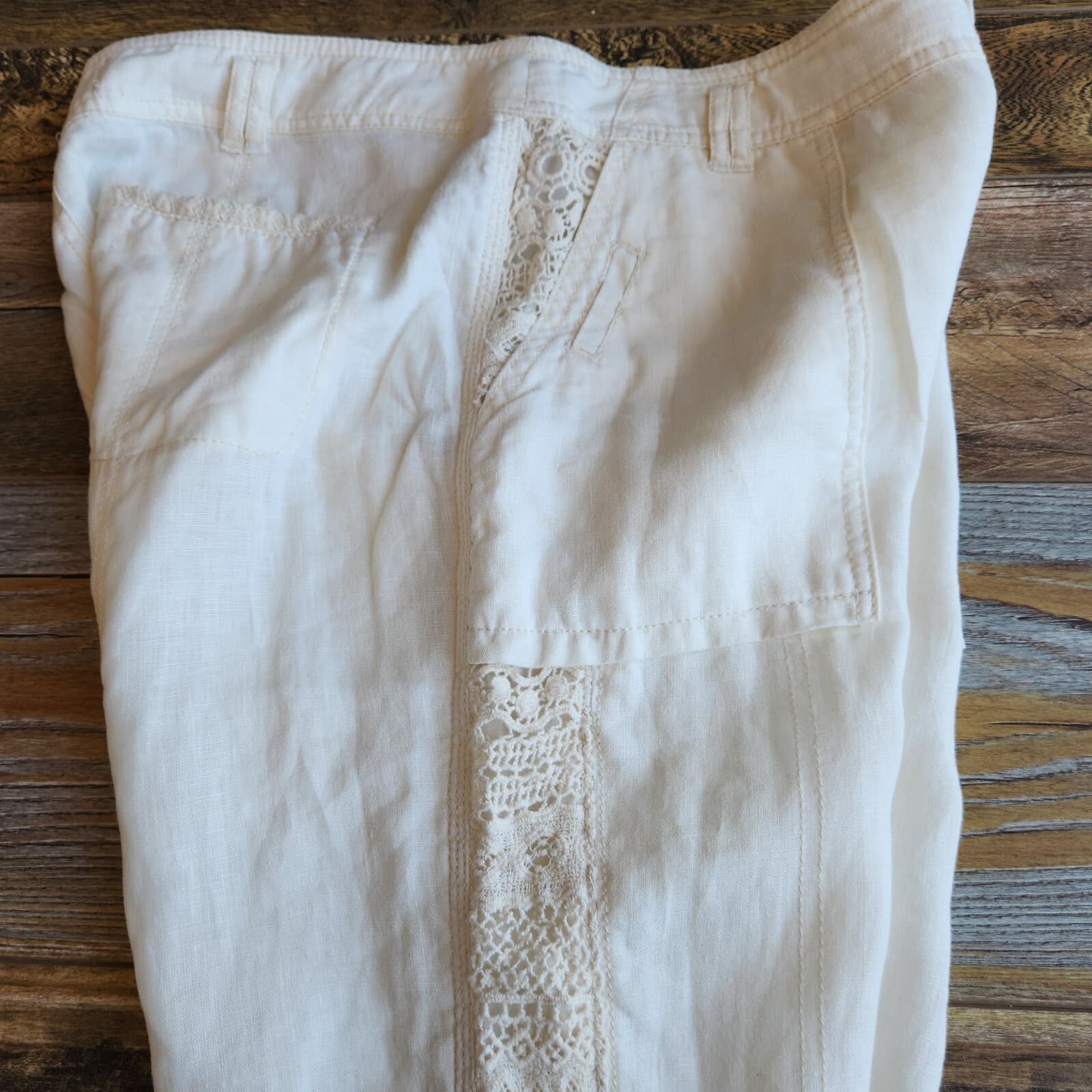 Hei Hei Anthropologie Marlena Linen Lace-Trim Pants Roll-Up Pocket Ivory Sz.30 - Thumbnail 7