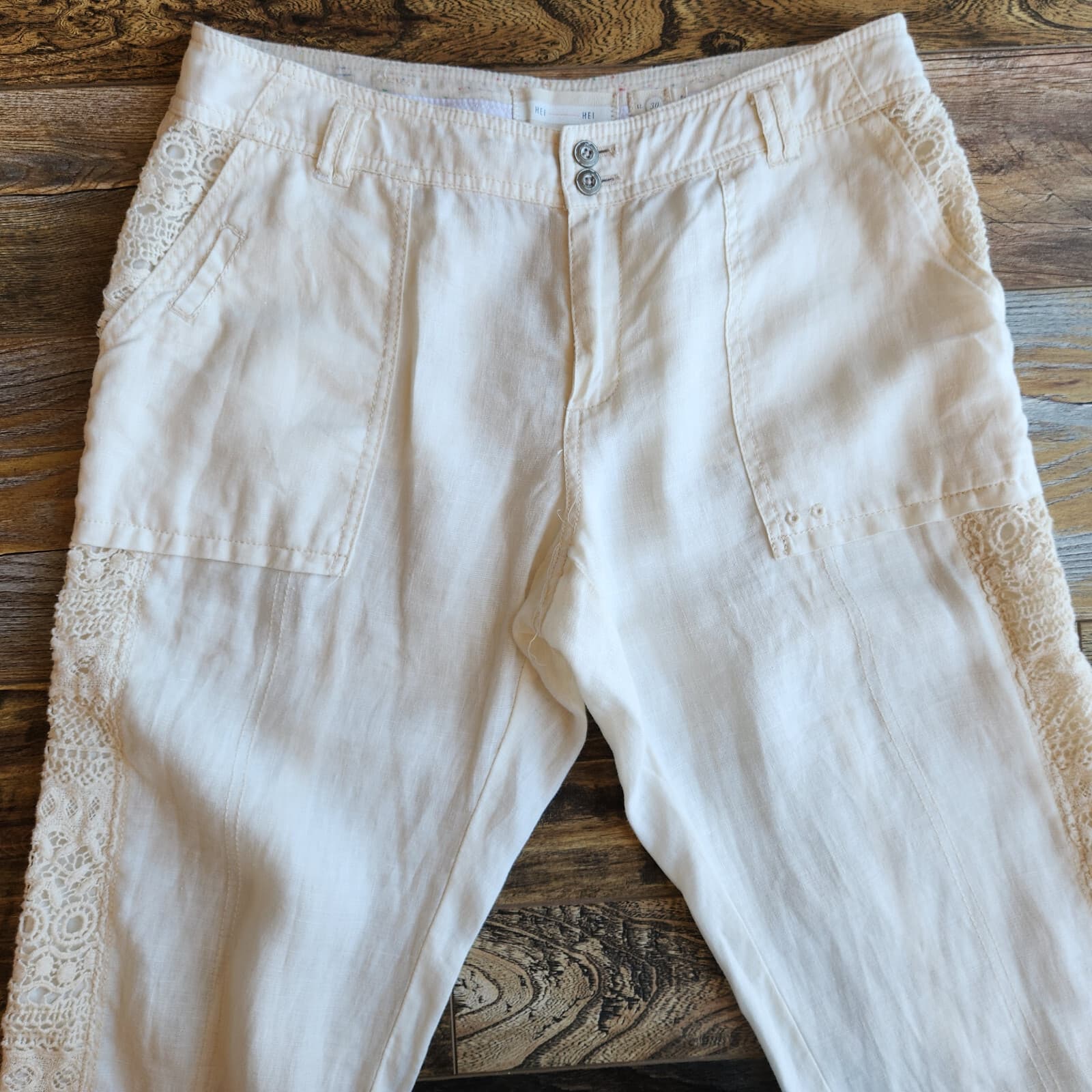 Hei Hei Anthropologie Marlena Linen Lace-Trim Pants Roll-Up Pocket Ivory Sz.30 - Thumbnail 5
