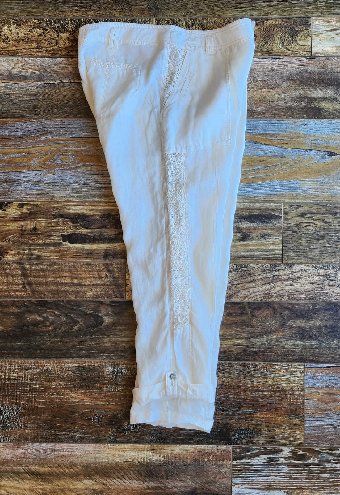 Hei Hei Anthropologie Marlena Linen Lace-Trim Pants Roll-Up Pocket Ivory Sz.30 - Thumbnail 6