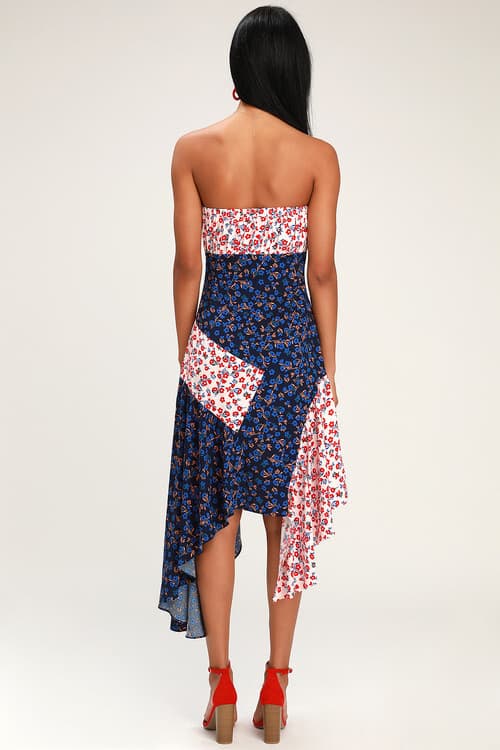 NWT Lulus Golden Hour Blush Floral Print Strapless Midi Dress Asymmetrical Hem M - Thumbnail 7
