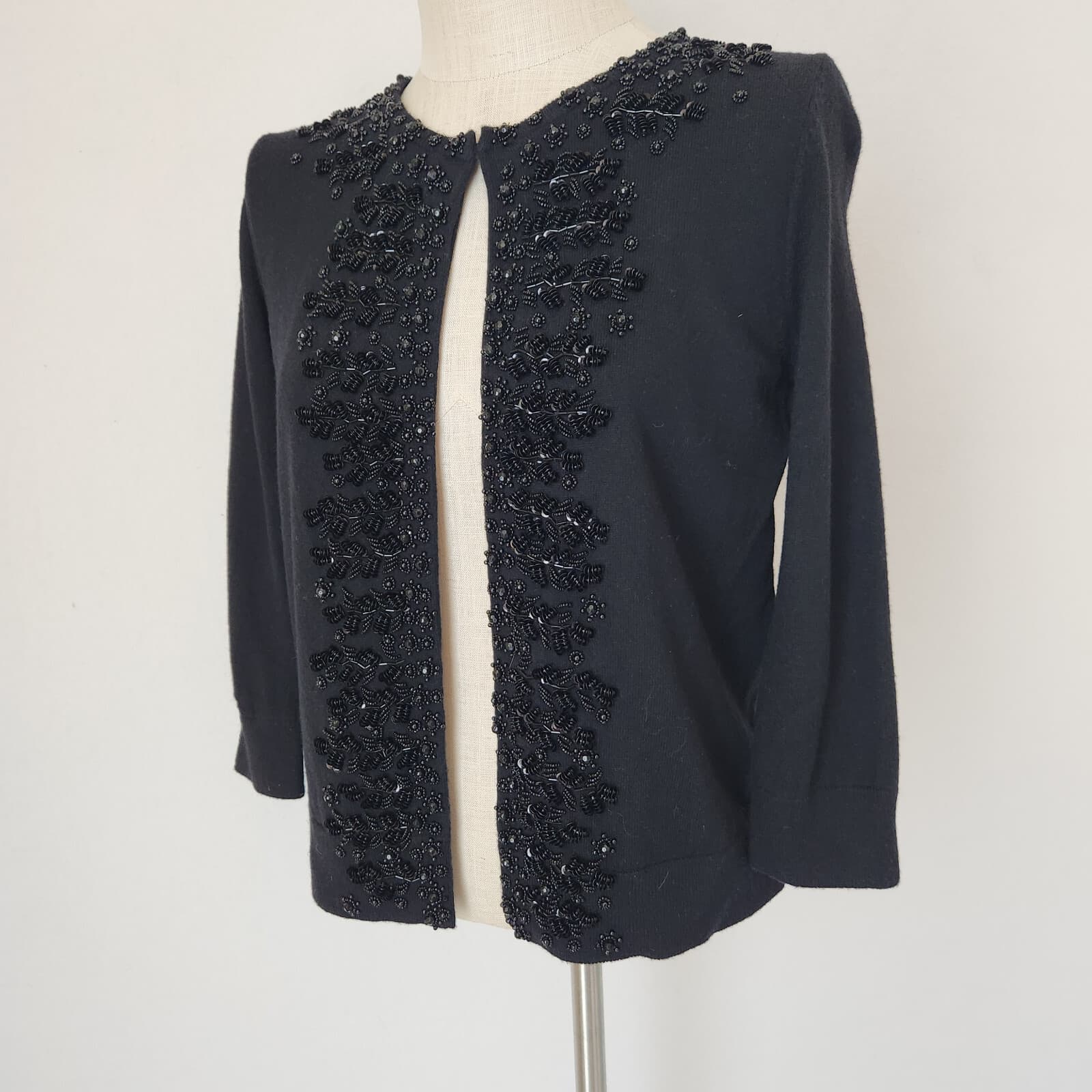 NWT Talbots $149 Wool Blend Nightout Beaded Cardigan 3/4 Sleeve Black Petites-M - Thumbnail 4
