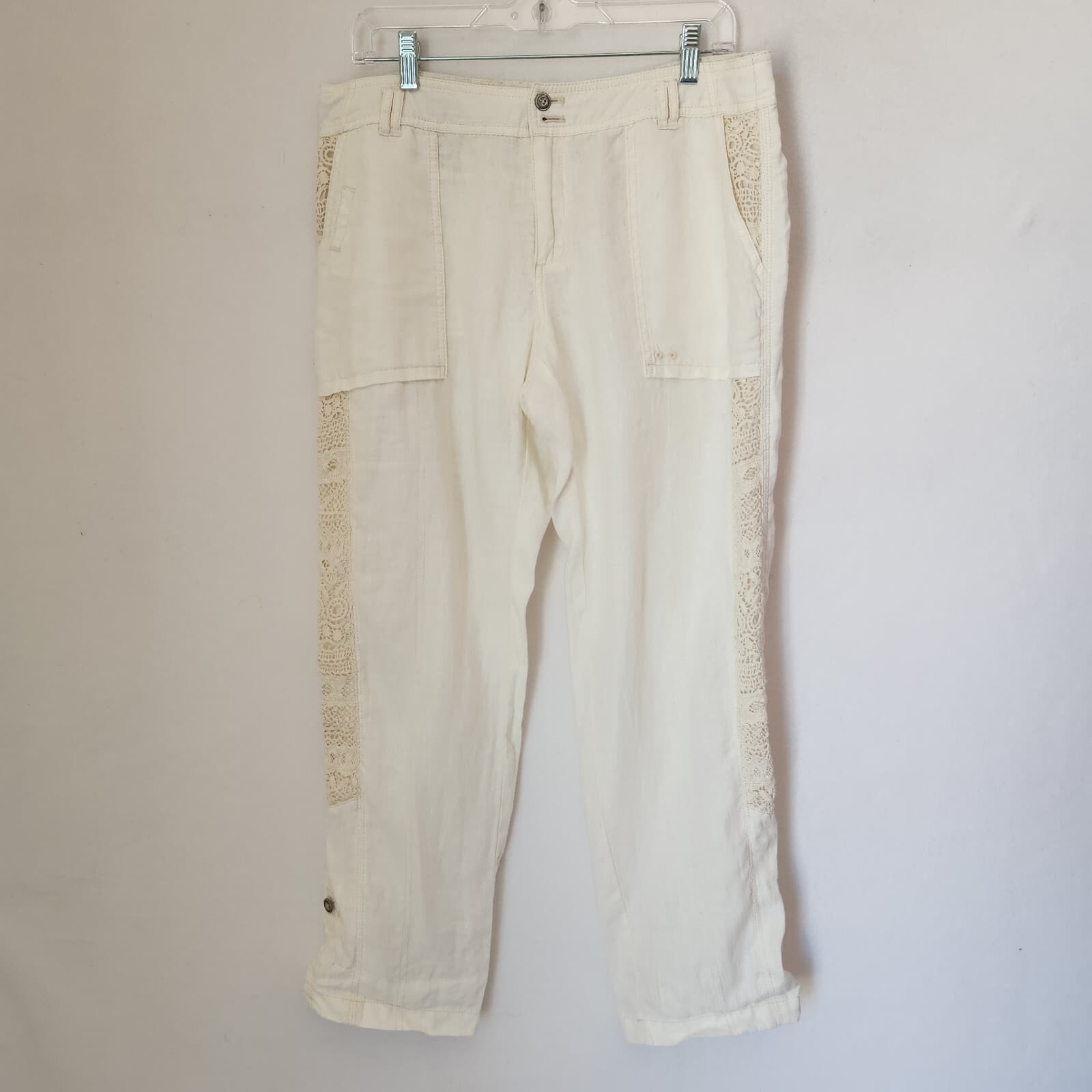 Hei Hei Anthropologie Marlena Linen Lace-Trim Pants Roll-Up Pocket Ivory Sz.30 - Thumbnail 3
