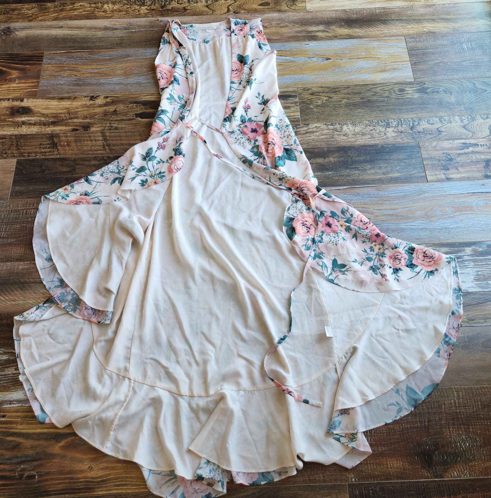 YUMI KIM Venezia Floral Chiffon Maxi Wrap Dress Ruffle Sleeveless Lined Beige S - Thumbnail 9