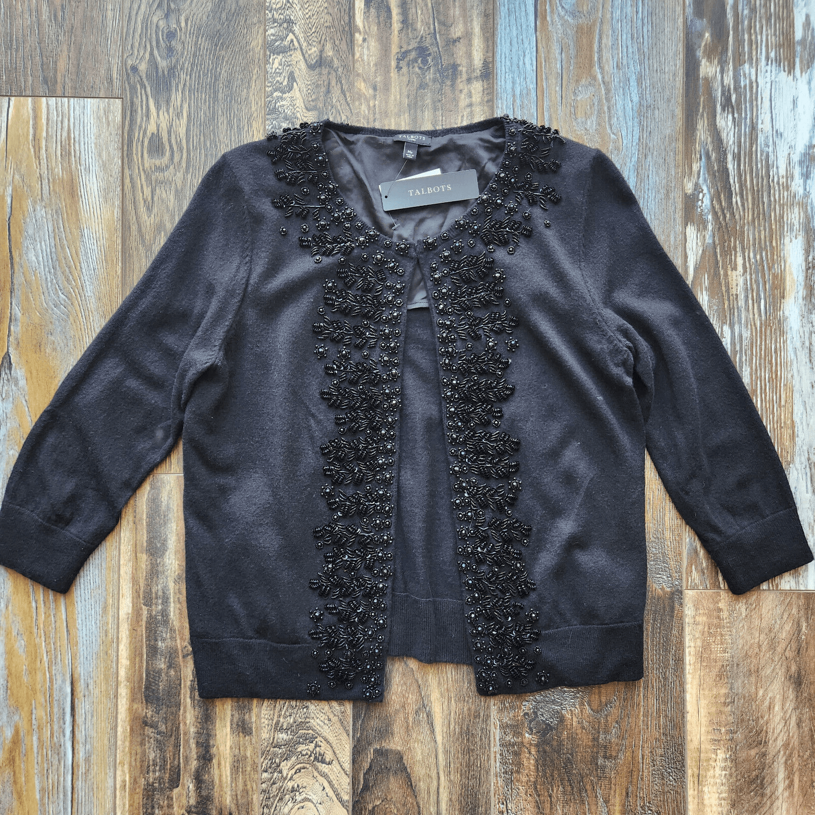 NWT Talbots $149 Wool Blend Nightout Beaded Cardigan 3/4 Sleeve Black Petites-M - Thumbnail 8