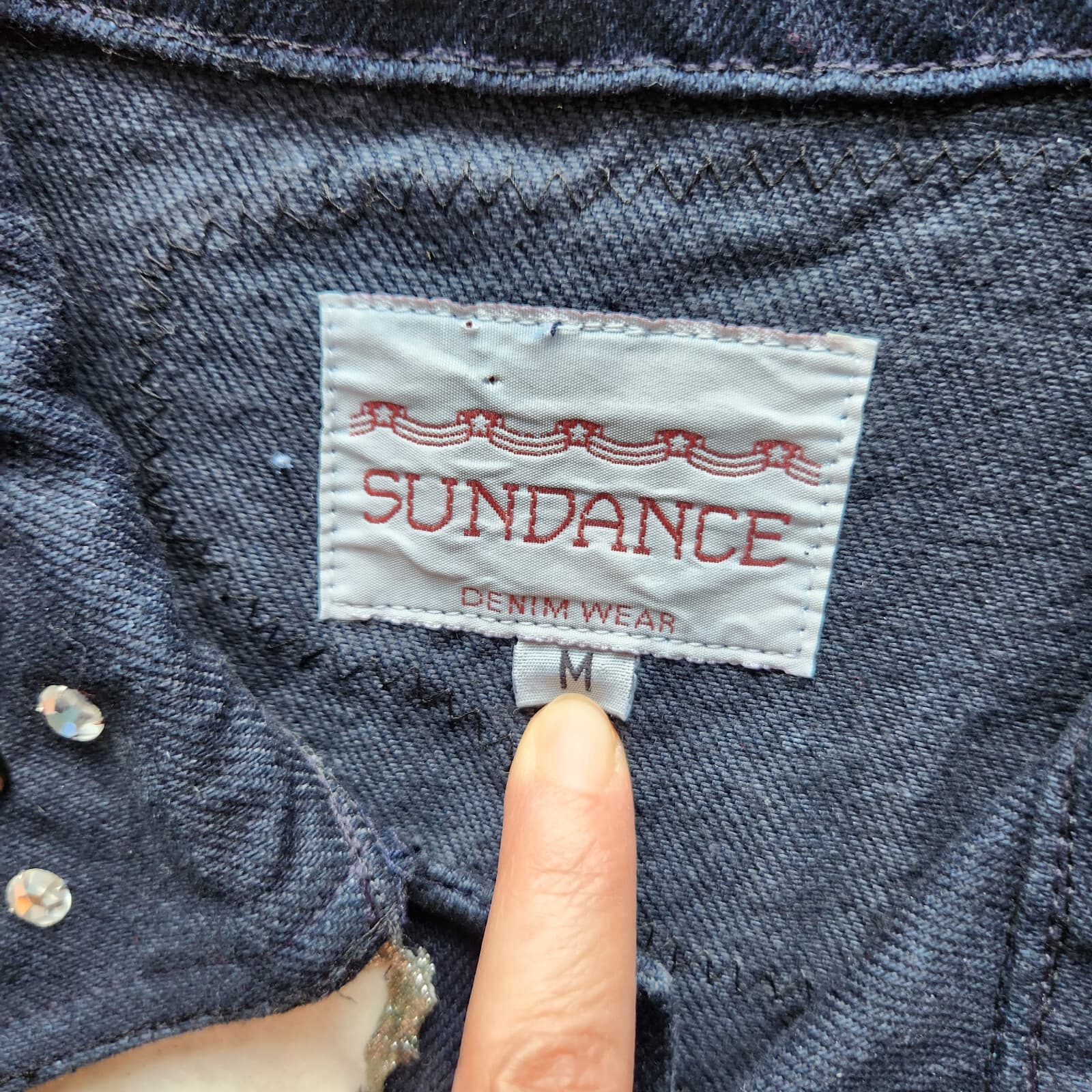 Vintage Sundance Denim Cowhide Rhinestone Fringe Southwest Vest Button Woman's M - Thumbnail 9