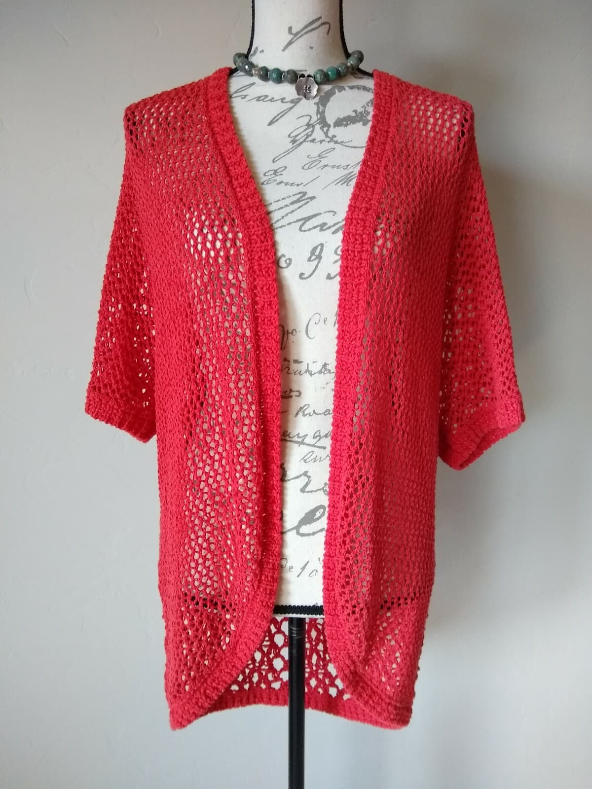 Chico's Cotton Blend Chunky Knit Open Front Cardigan Top Short Sleeve Red Sz.2 - Thumbnail 2