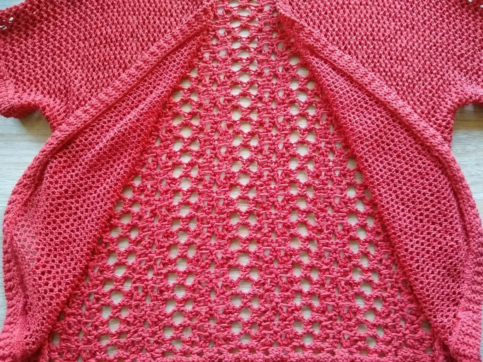 Chico's Cotton Blend Chunky Knit Open Front Cardigan Top Short Sleeve Red Sz.2 - Thumbnail 5