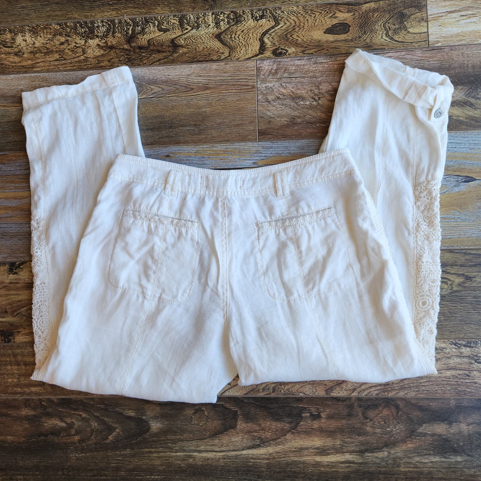 Hei Hei Anthropologie Marlena Linen Lace-Trim Pants Roll-Up Pocket Ivory Sz.30 - Thumbnail 8