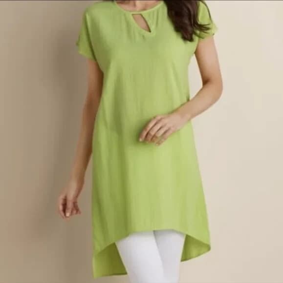 Soft Surroundings Moderne Gauze Tunic Top Drop Shoulder Cotton Lime Green Sz.L - Thumbnail 2