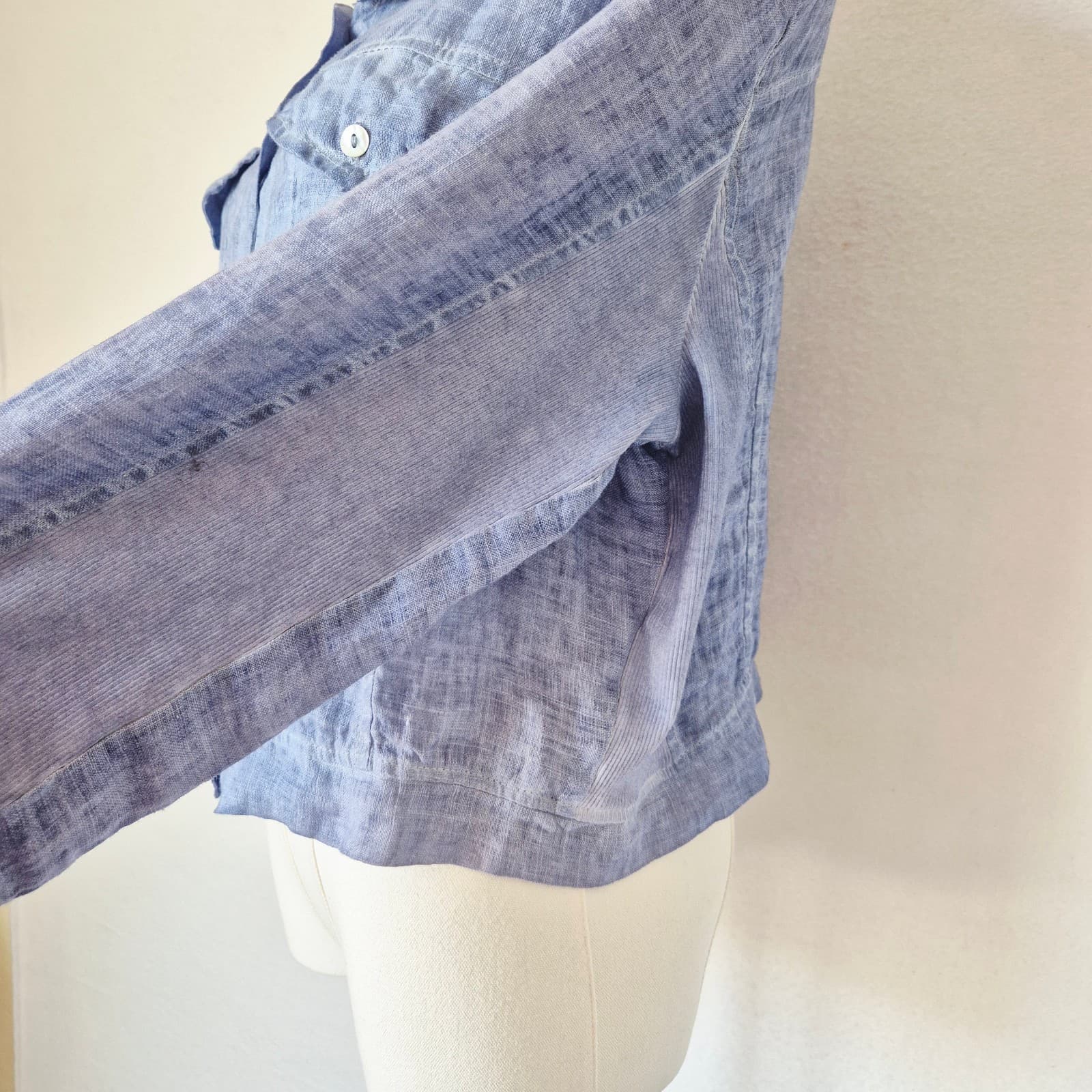 Made in Italy Linen Cotton Cropped Light Jacket 3/4 Sleeve Button Blue Bust 42" - Thumbnail 8