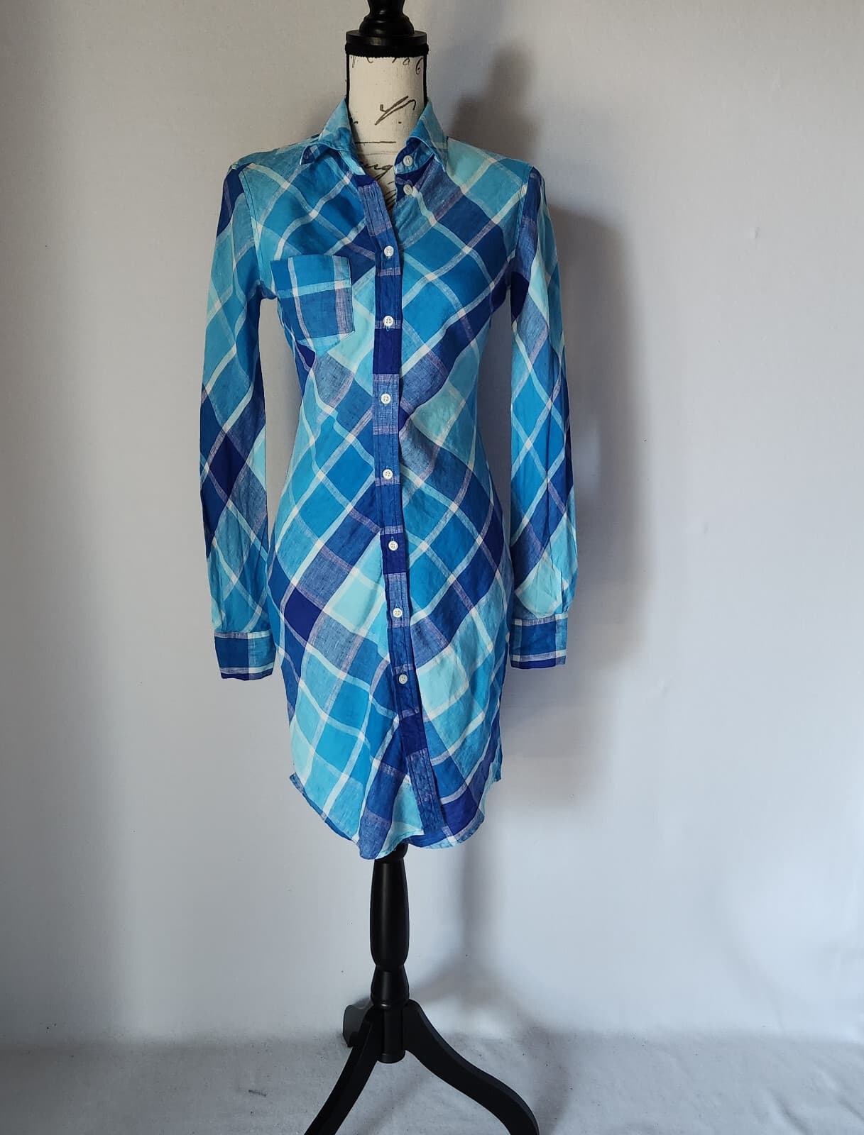 MODA International 100% Linen Plaid Midi Shirt Dress Long Sleeve Blue Women Sz.O - Thumbnail 2