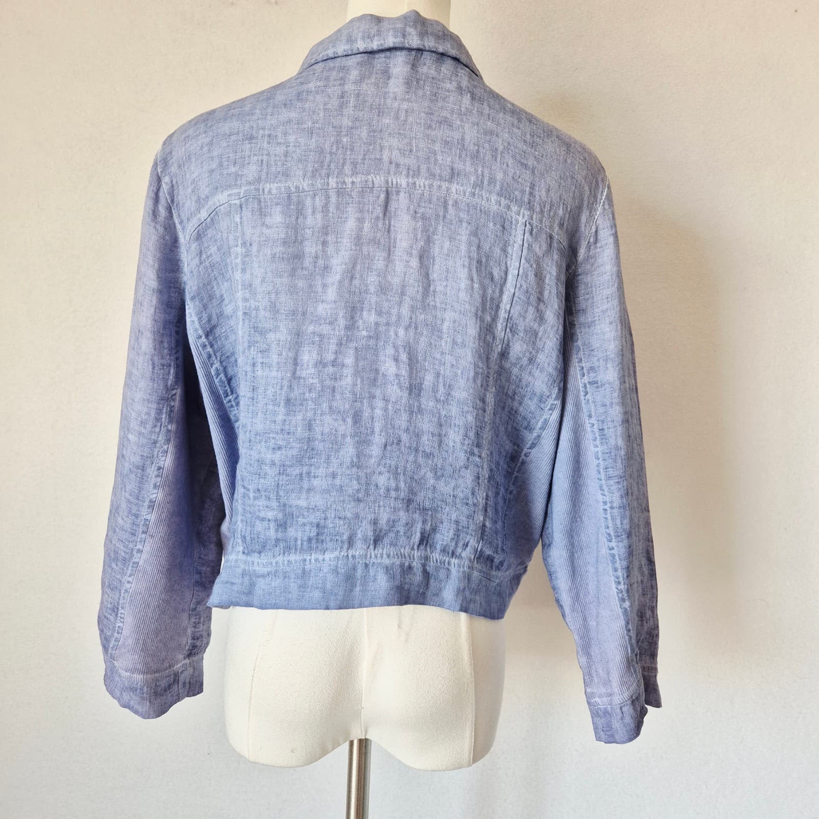 Made in Italy Linen Cotton Cropped Light Jacket 3/4 Sleeve Button Blue Bust 42" - Thumbnail 9