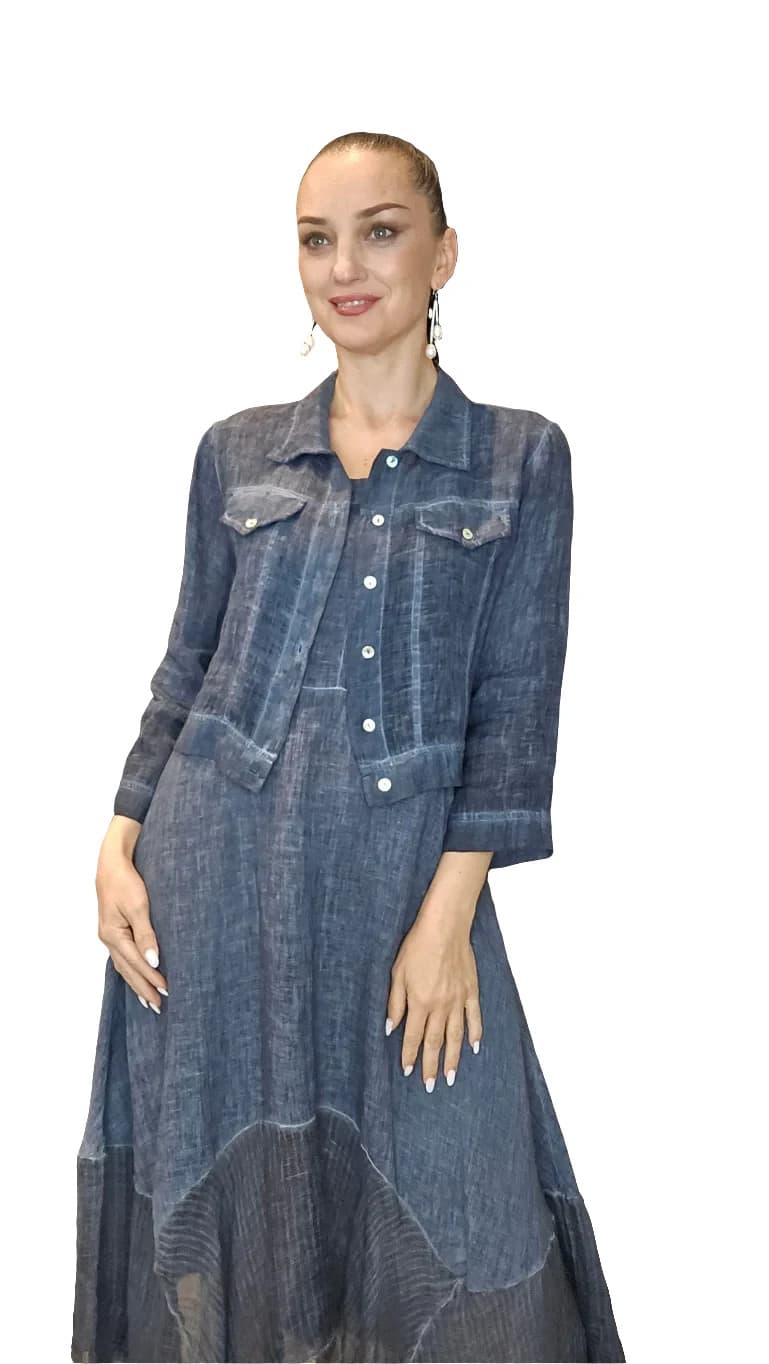 Made in Italy Linen Cotton Cropped Light Jacket 3/4 Sleeve Button Blue Bust 42" - Thumbnail 5