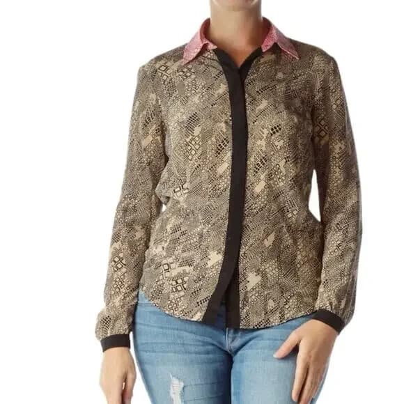 TRINA TURK Silk Satin Button-Up Shirt Long Sleeve Geo-Printed Black Beige Sz.M - Thumbnail 3