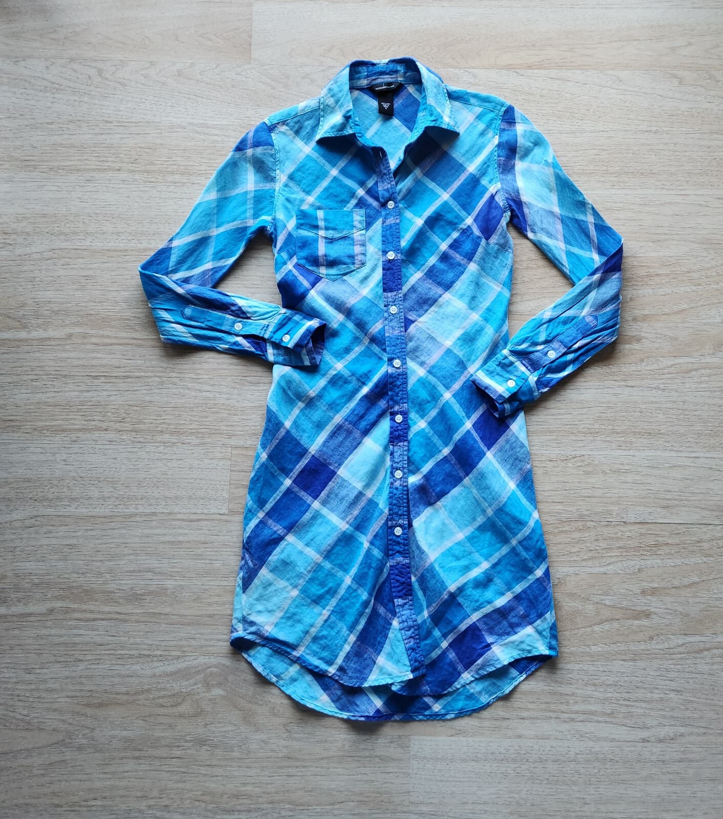 MODA International 100% Linen Plaid Midi Shirt Dress Long Sleeve Blue Women Sz.O - Thumbnail 3