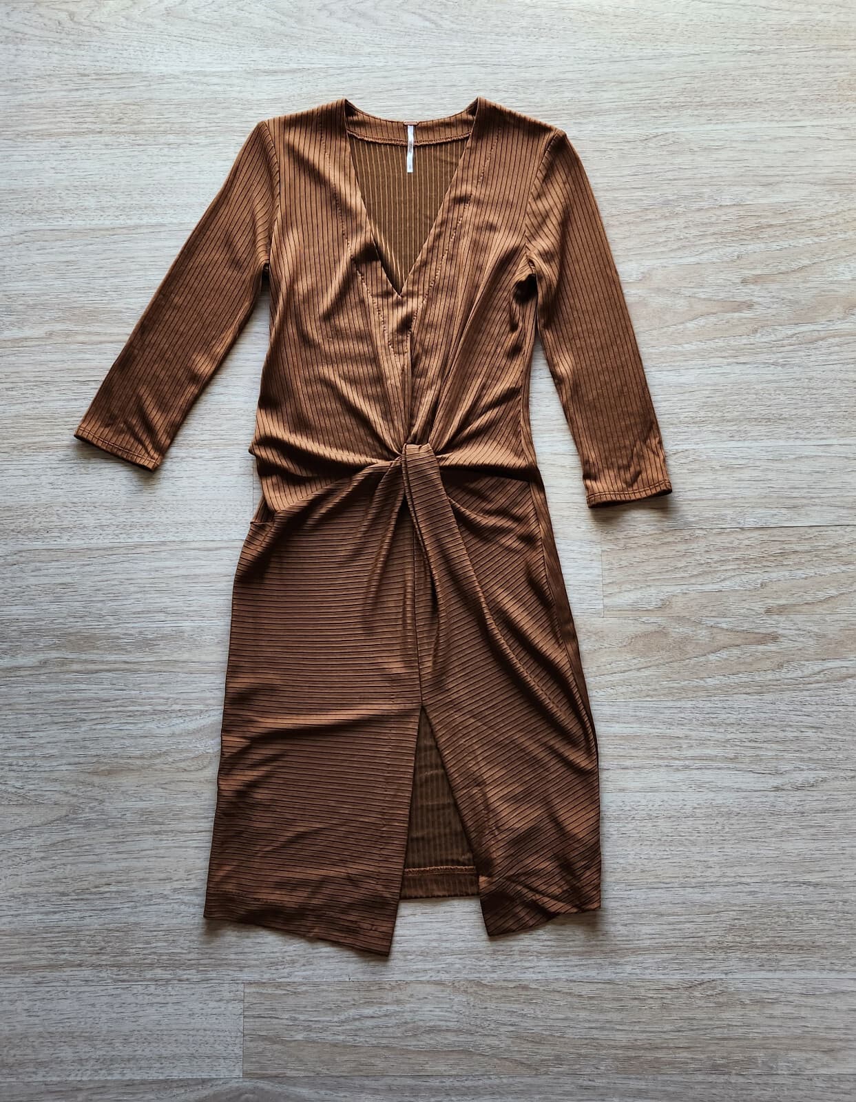 Free People Irene Twist Ribbed Knit Dress V-Neck 3/4 Sleeve Brown Women Sz.S - Thumbnail 6