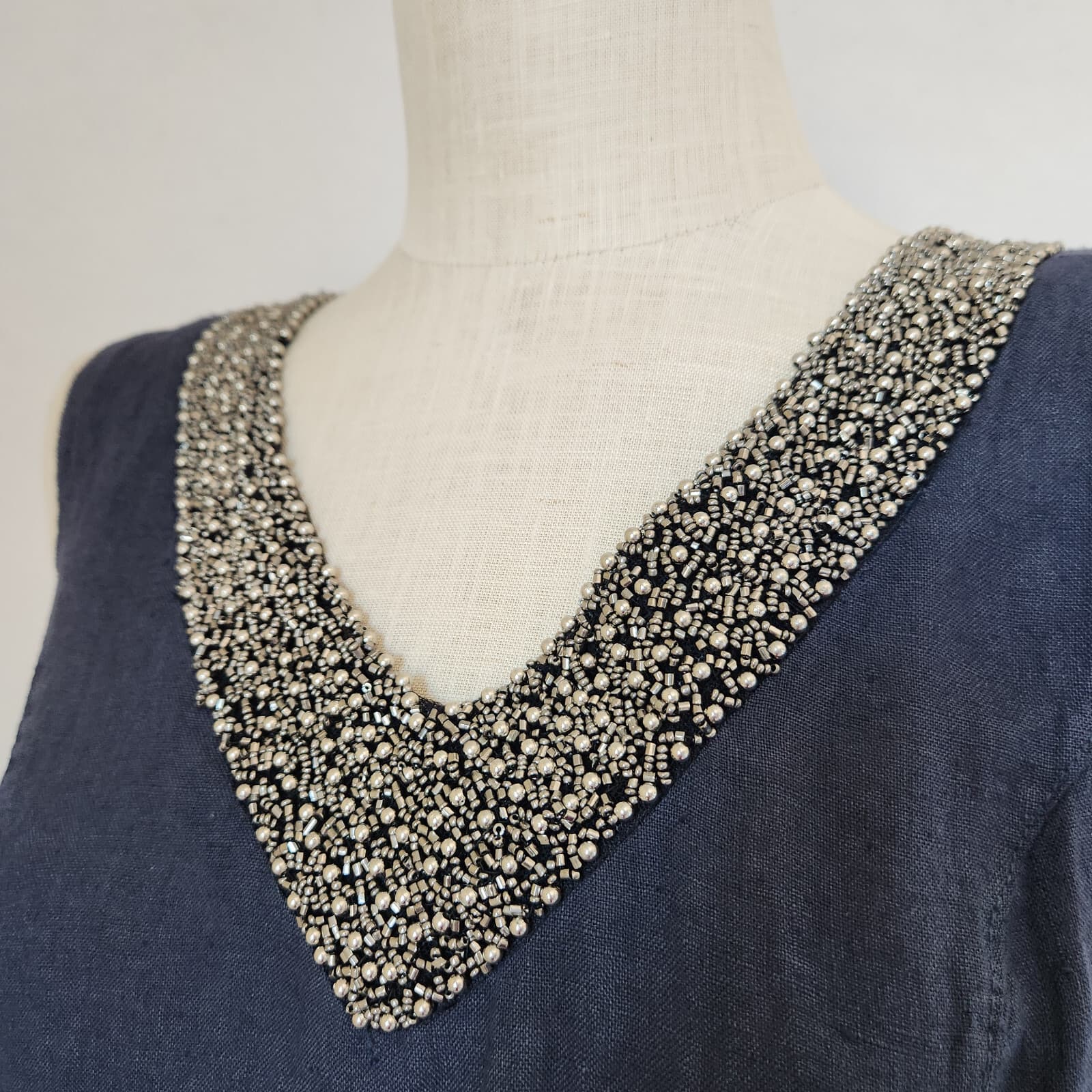 Lina Tomei Made in Italy Linen Beaded Shift Dress Sleeveless Pocket Blue Sz.M - Thumbnail 3