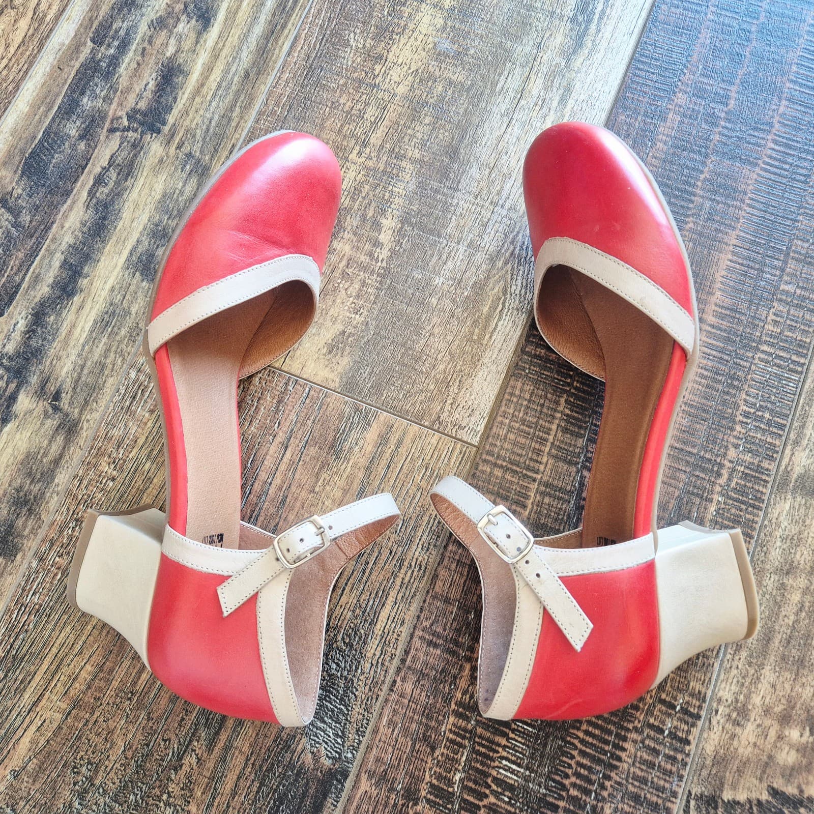 NWoB Miz Mooz Fleet Red Beige Leather Pumps 2" Block Heel Ankle Buckle US11/EU42 - Thumbnail 8