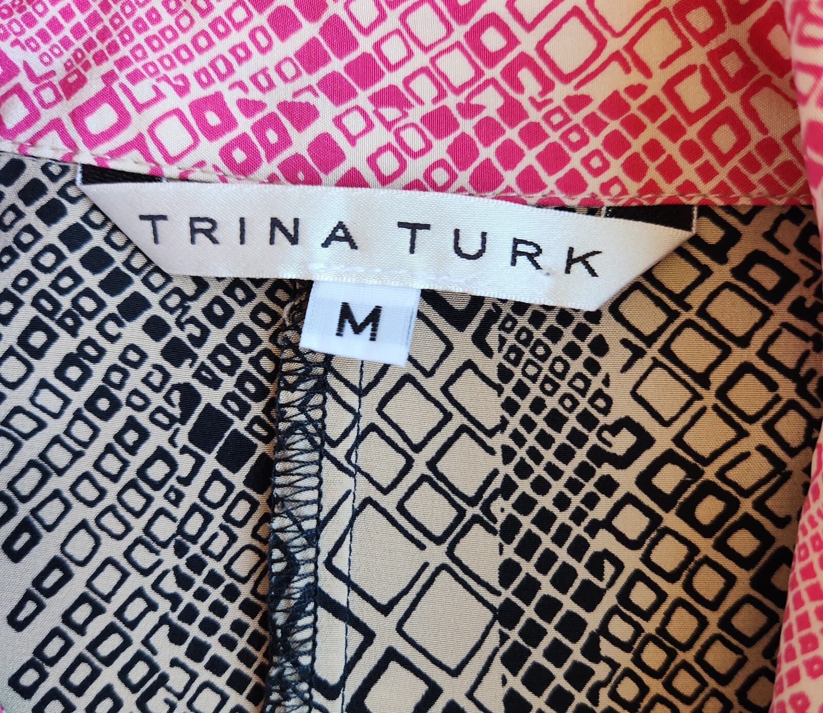 TRINA TURK Silk Satin Button-Up Shirt Long Sleeve Geo-Printed Black Beige Sz.M - Thumbnail 10